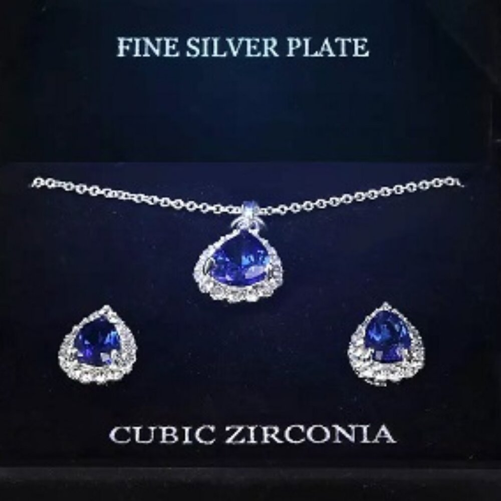 PRIMAVERA 2pc Teardrop Sapphire Blue/Clear CZ Silver Plated Necklace/Earrings - Picture 2 of 3